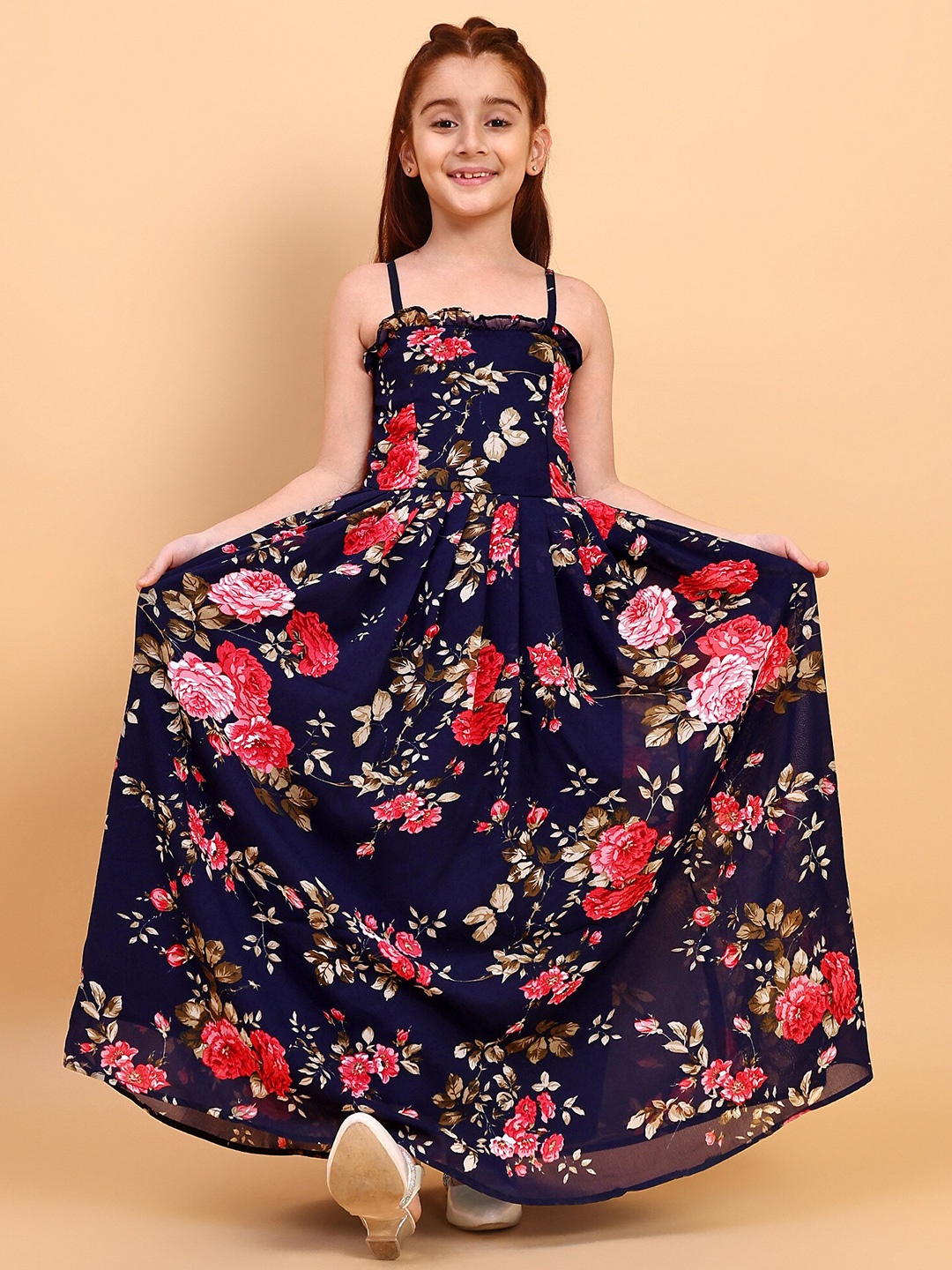 

YK Girls Floral Printed Shoulder Straps Ruffled & Smocked Maxi Dress, Navy blue