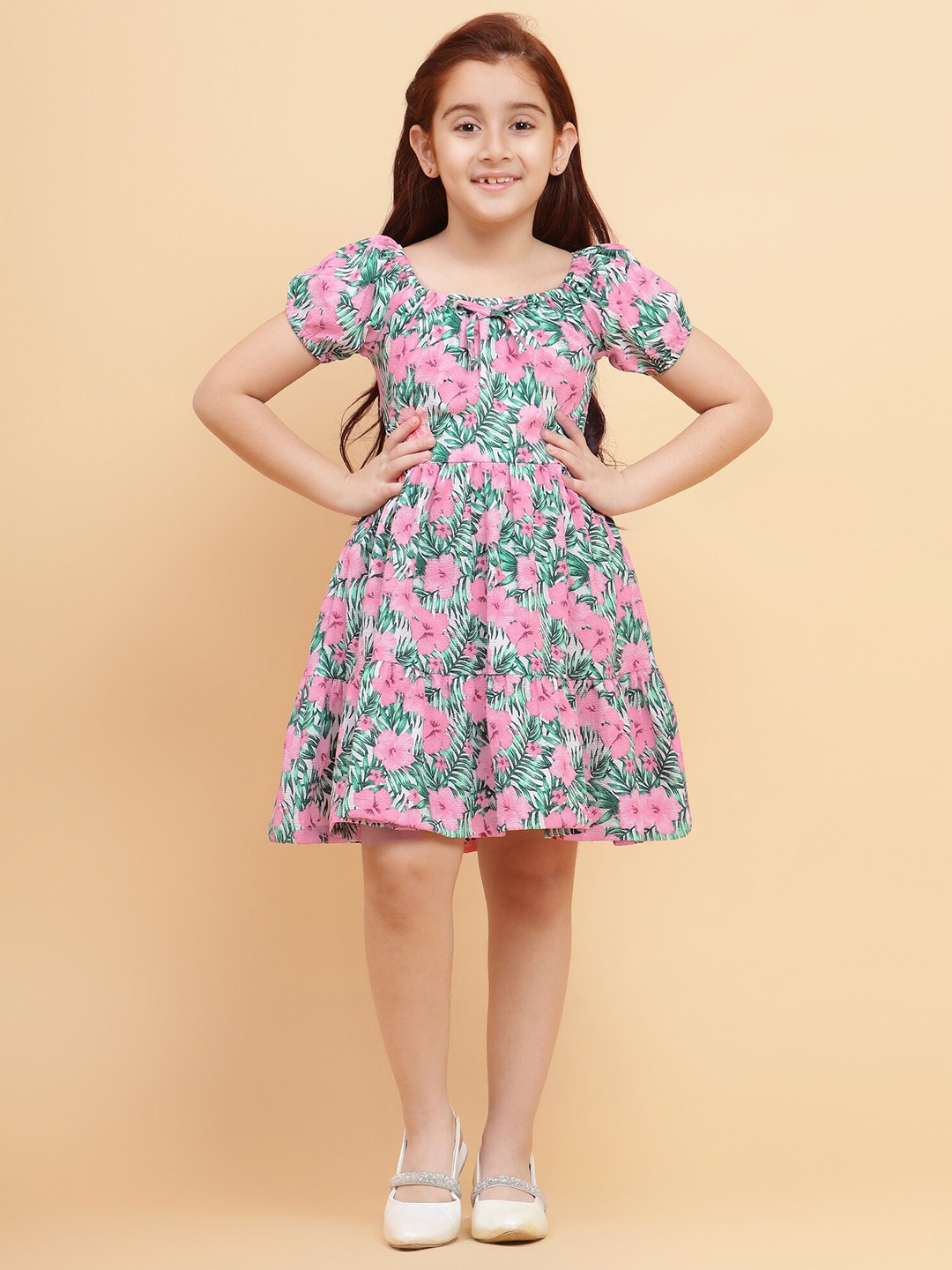 

YK Girls Floral Printed Square Neck Puffed Sleeves Fit & Flare Dress, Green