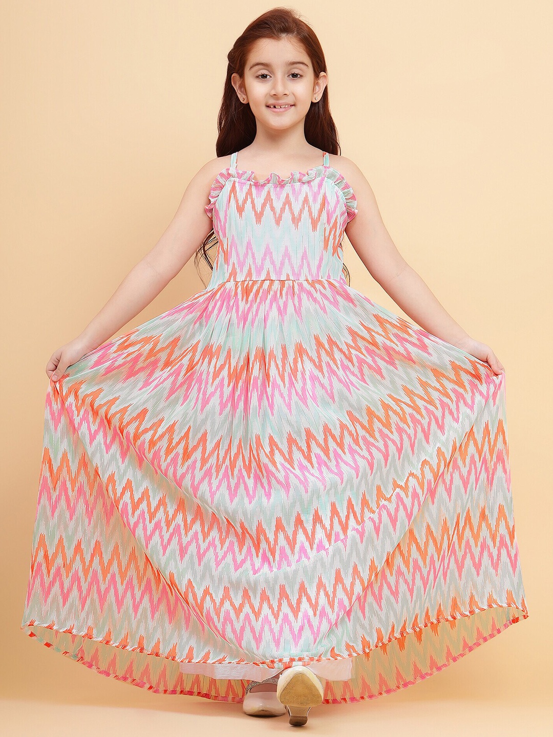 

YK Girls Geometric Printed Shoulder Straps Ruffled & Smocked Maxi Dress, Pink