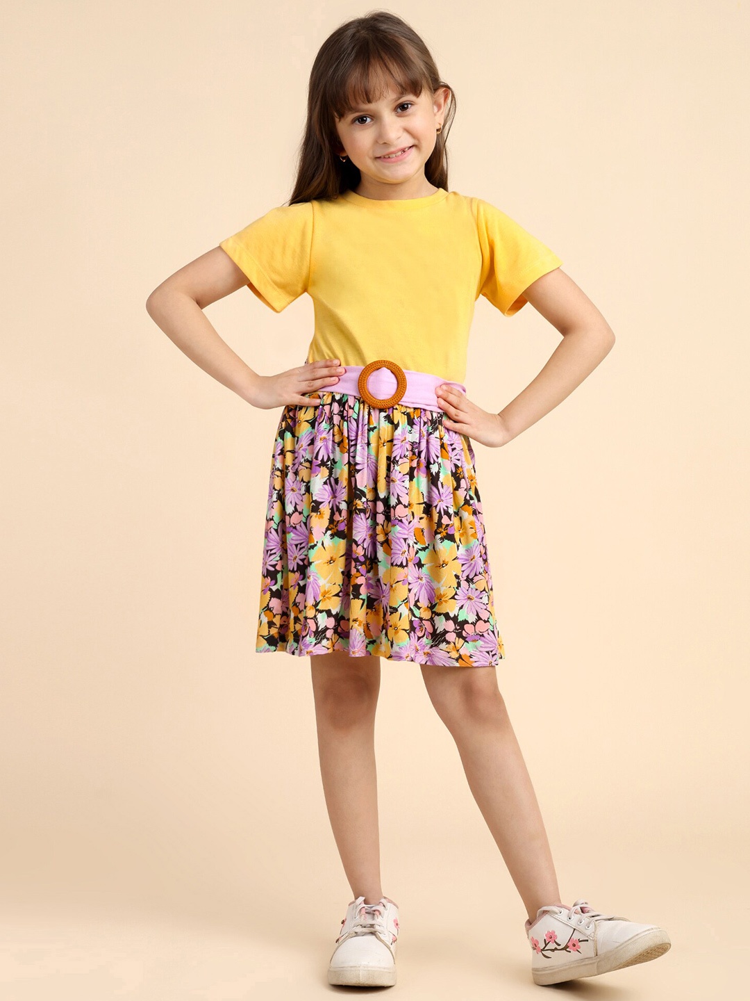 

YK Girls Floral Printed Fit & Flare Dress With Belt, Yellow