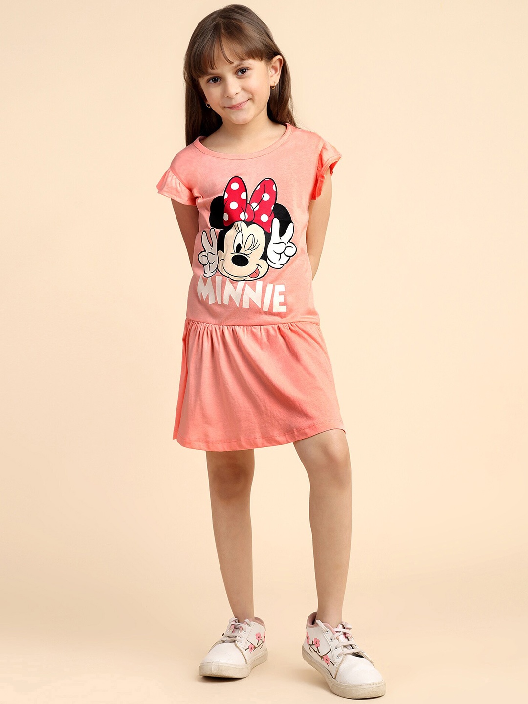 

YK Girls Minnie Mouse Printed Cap Sleeve Cotton Drop Waist Dress, Peach