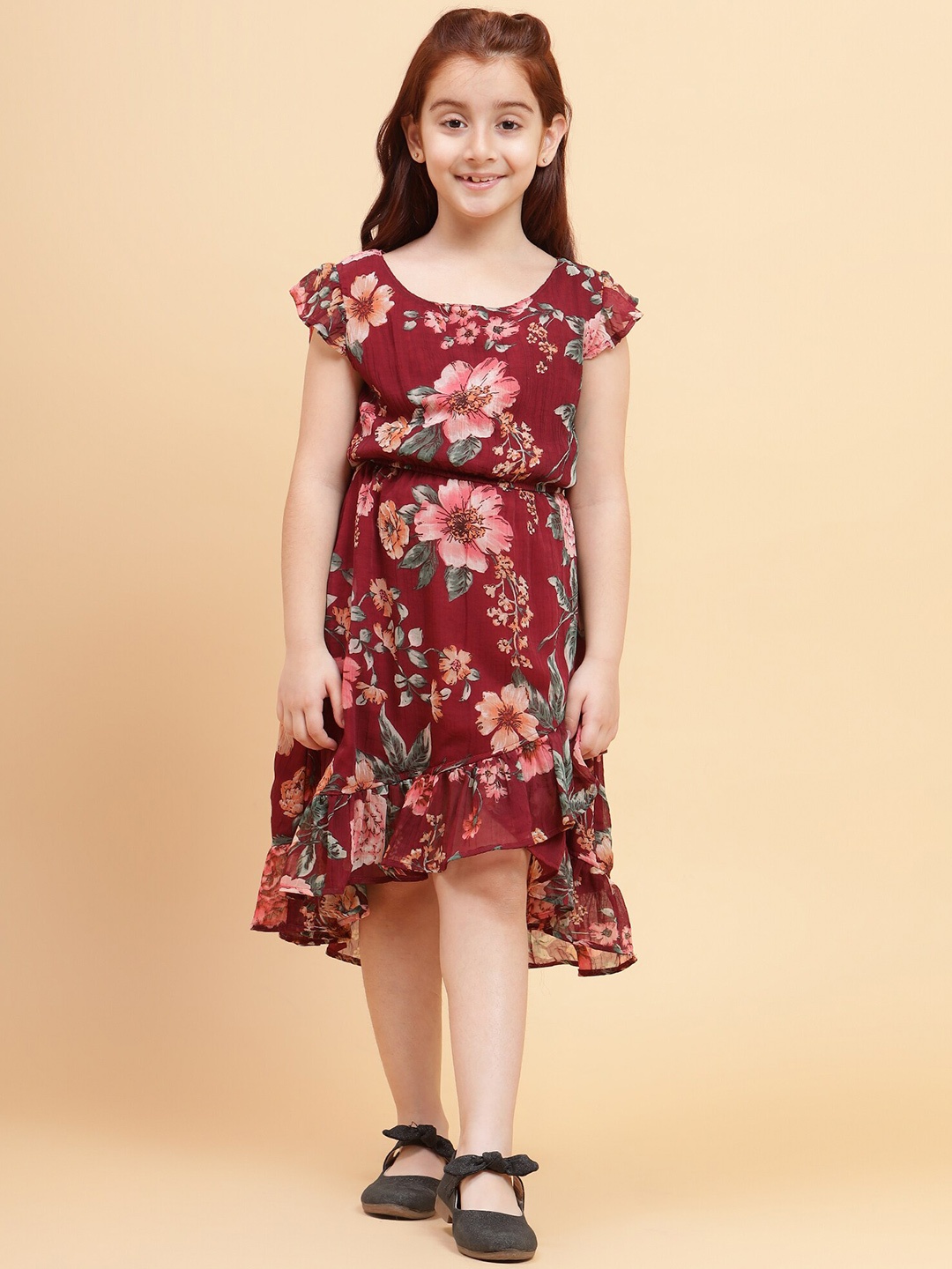 

YK Girls Floral Printed Cap Sleeve Ruffled Fit & Flare Dress, Maroon