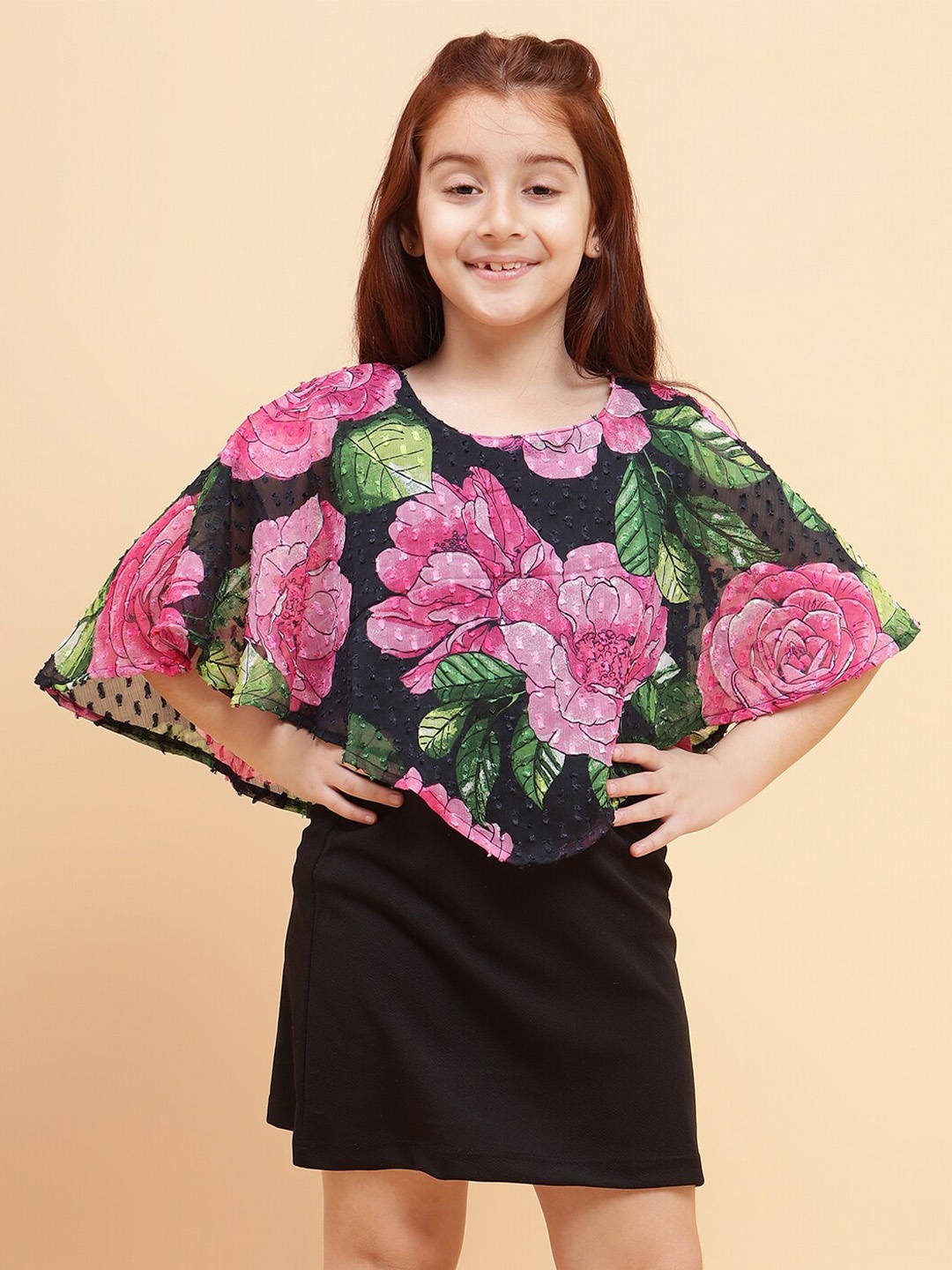 

YK Girls Floral Printed Cape Sleeve Cotton A-Line Dress, Black