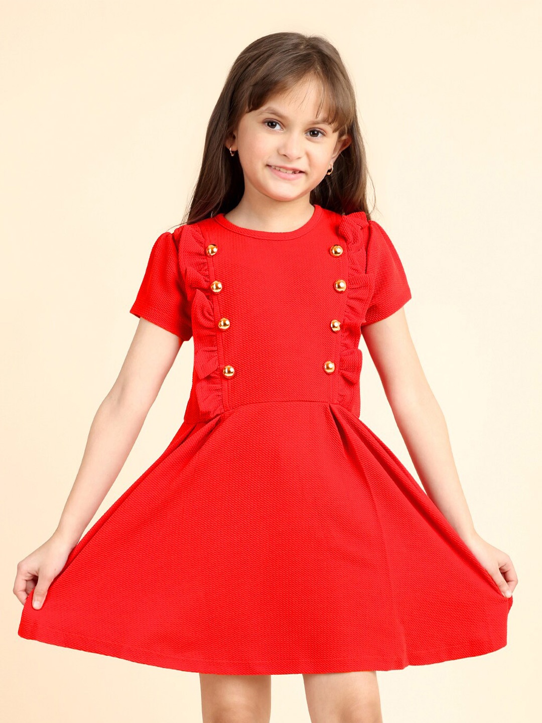 

YK Girls Round Neck Ruffled Cotton Fit & Flare Dress, Red