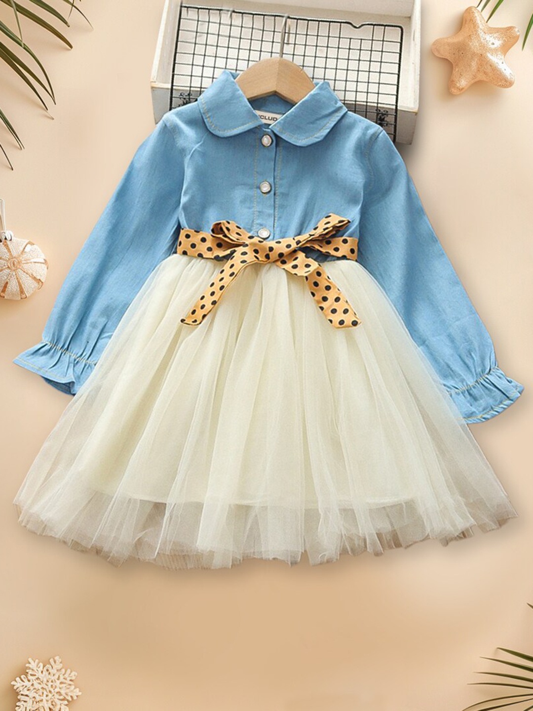 

INCLUD Girls Shirt Collar Gathered Detailed Cotton Fit & Flare Dress, Blue