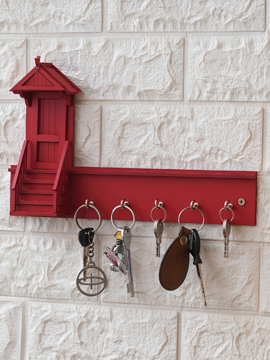 

eCraftIndia Red Decorative Wooden Key Holder With 5 Hooks