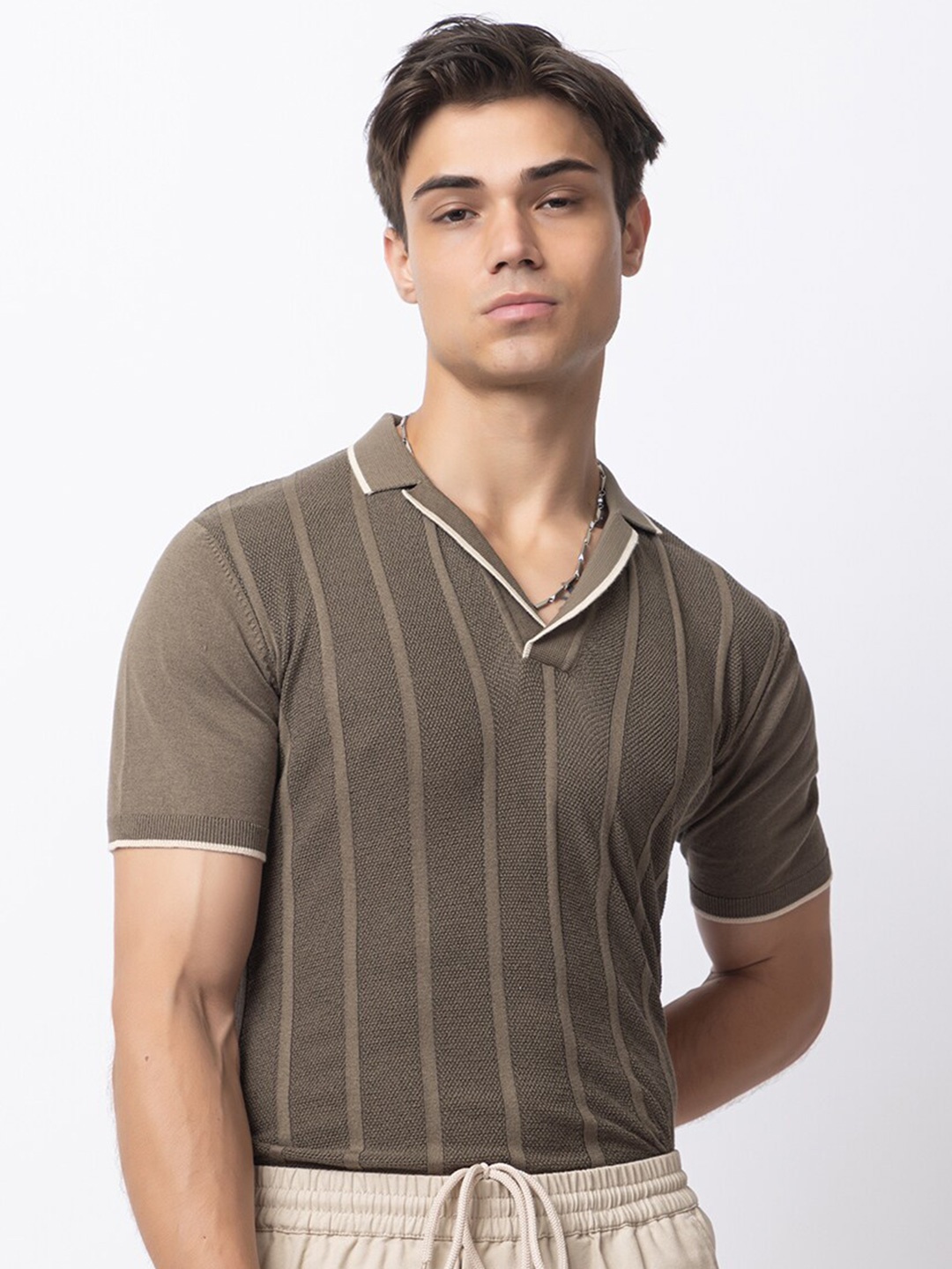 

ARMISTO Striped Cuban Collar Pure Cotton Knit T-shirt, Olive