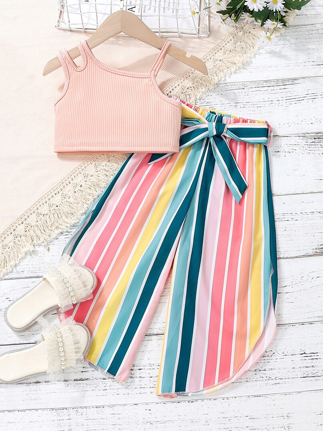 

INCLUD Girls Crop Top With Striped Pants, Pink