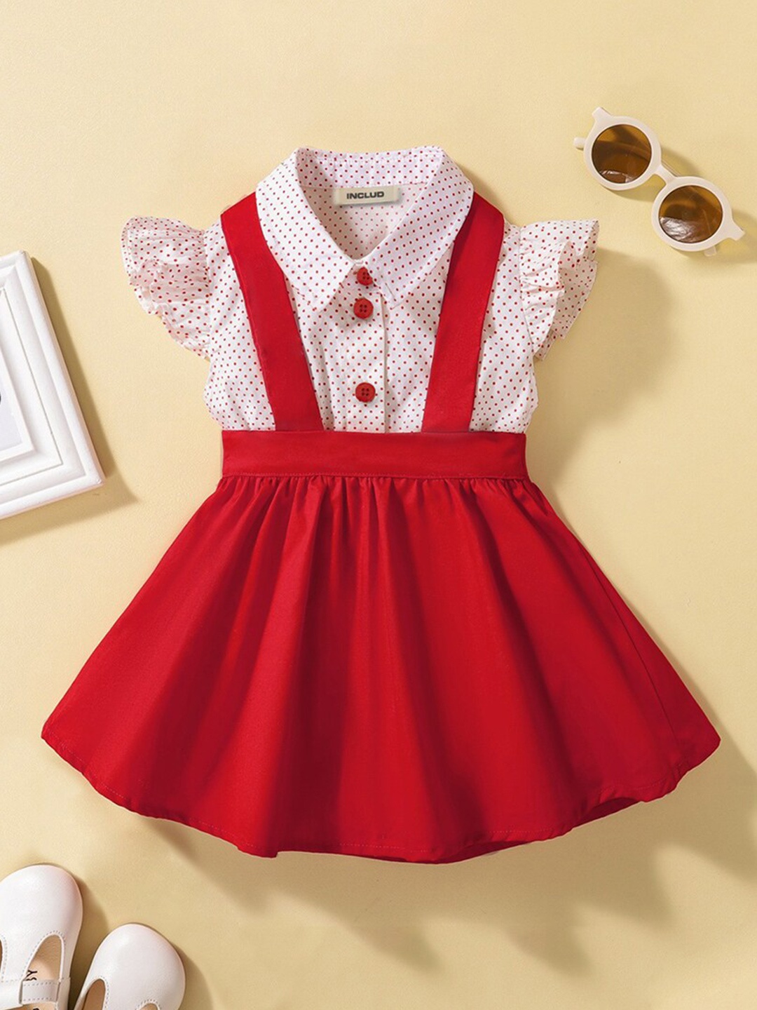 

INCLUD Girls Printed Shirt With Skirt, Red
