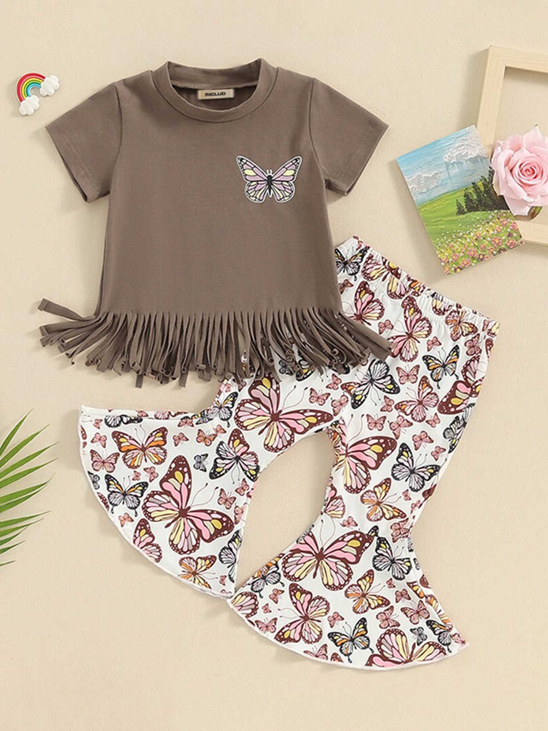 

INCLUD Girls Fringe T-shirt With Trousers, Brown