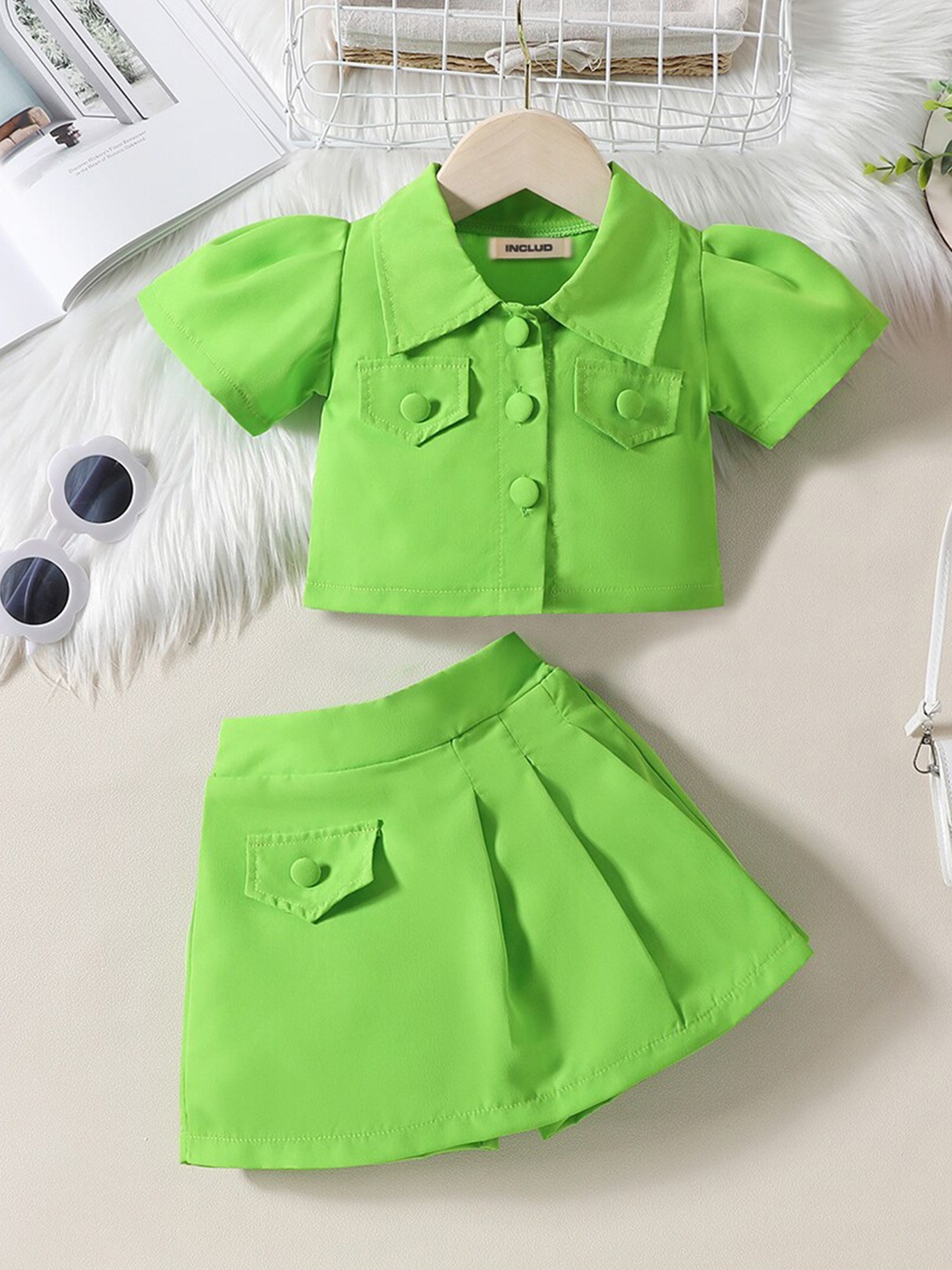 

INCLUD Girls Puff Shirt With Pleated Skort, Green