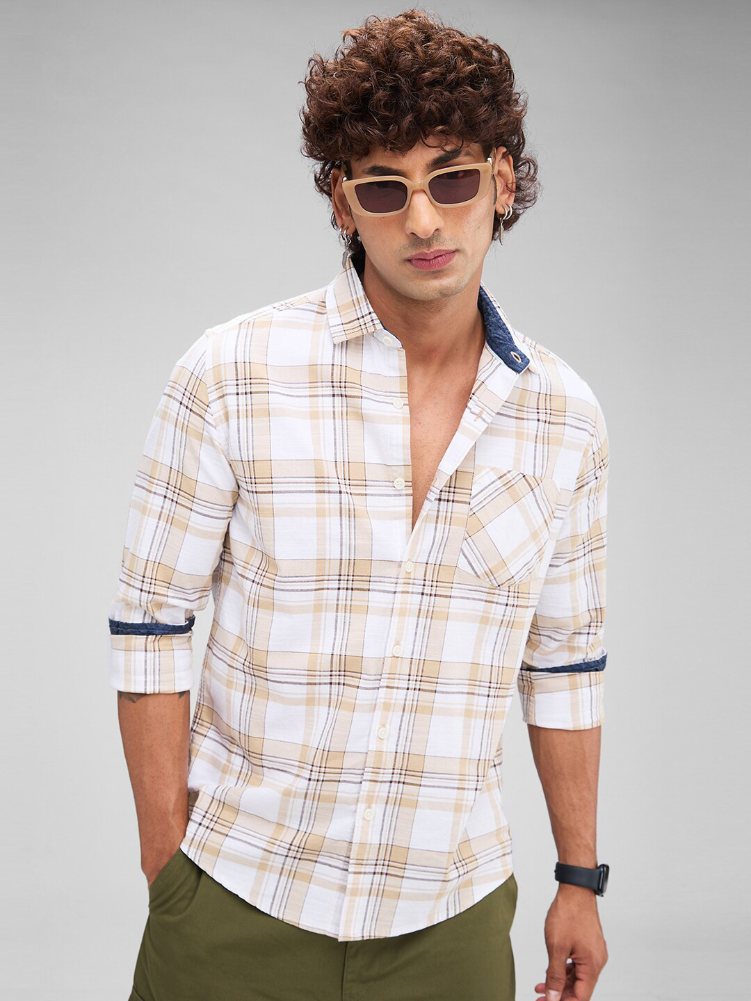 

VASTRADO Slim Fit Tartan Checked Spread Collar Cotton Casual Shirt, Beige