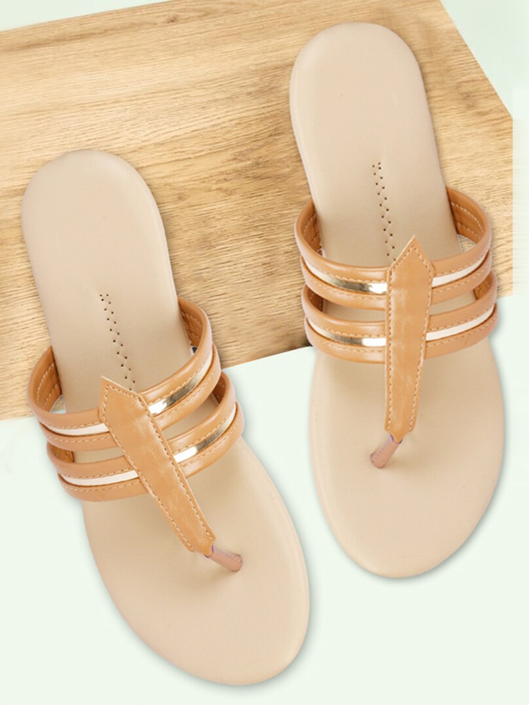 

DEAS Striped T-Strap Flats, Beige