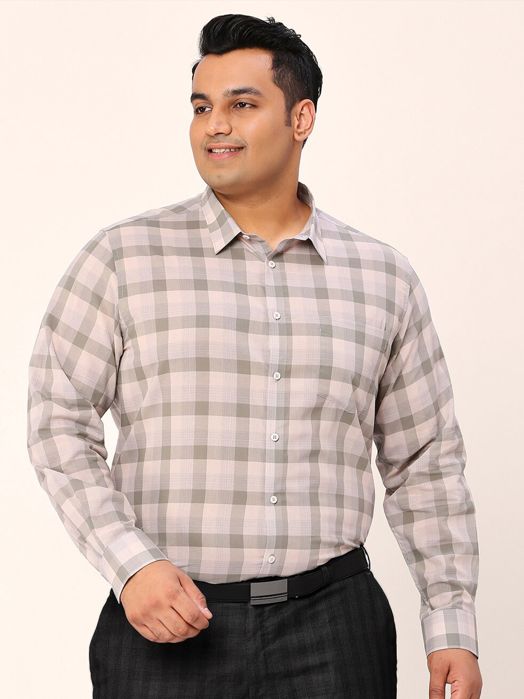 

Sztori Plus Size Relaxed Fit Pure Cotton Checked Formal Shirt, Beige