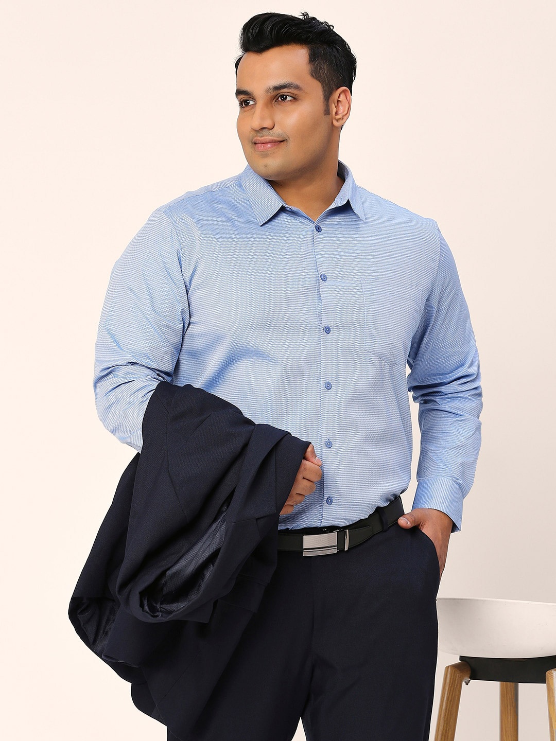 

Sztori Plus Size Relaxed Fit Self Design Pure Cotton Formal Shirt, Blue