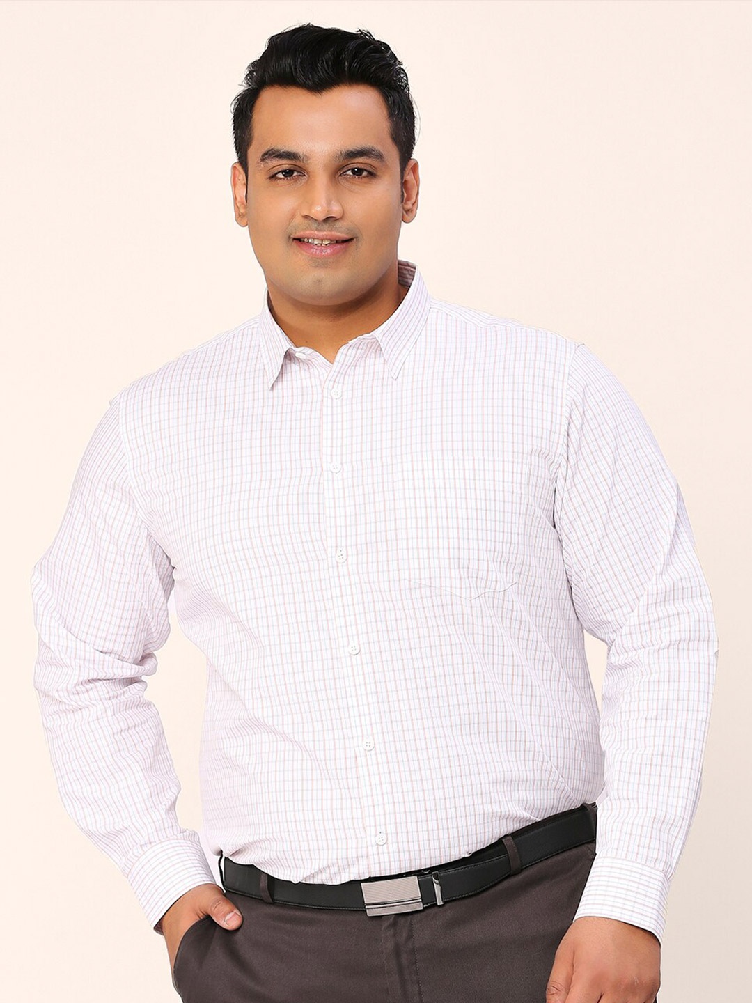

Sztori Plus Size Relaxed Opaque Checked Cotton Formal Shirt, White