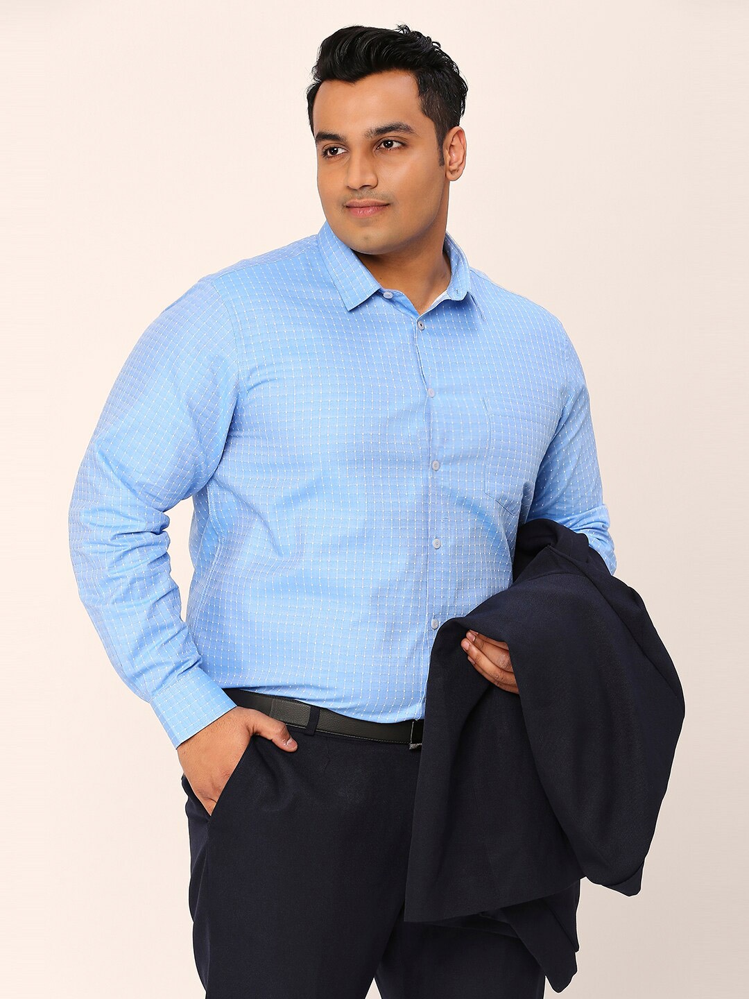 

Sztori Plus Size Relaxed Fit Self Design Pure Cotton Formal Shirt, Blue