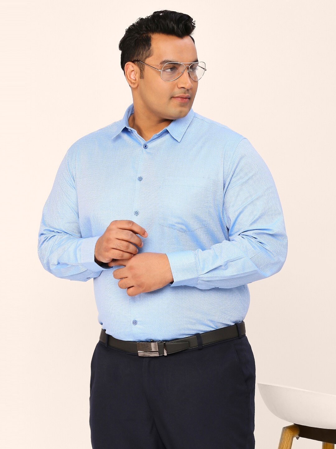 

Sztori Plus Size Relaxed Fit Self Design Pure Cotton Formal Shirt, Blue
