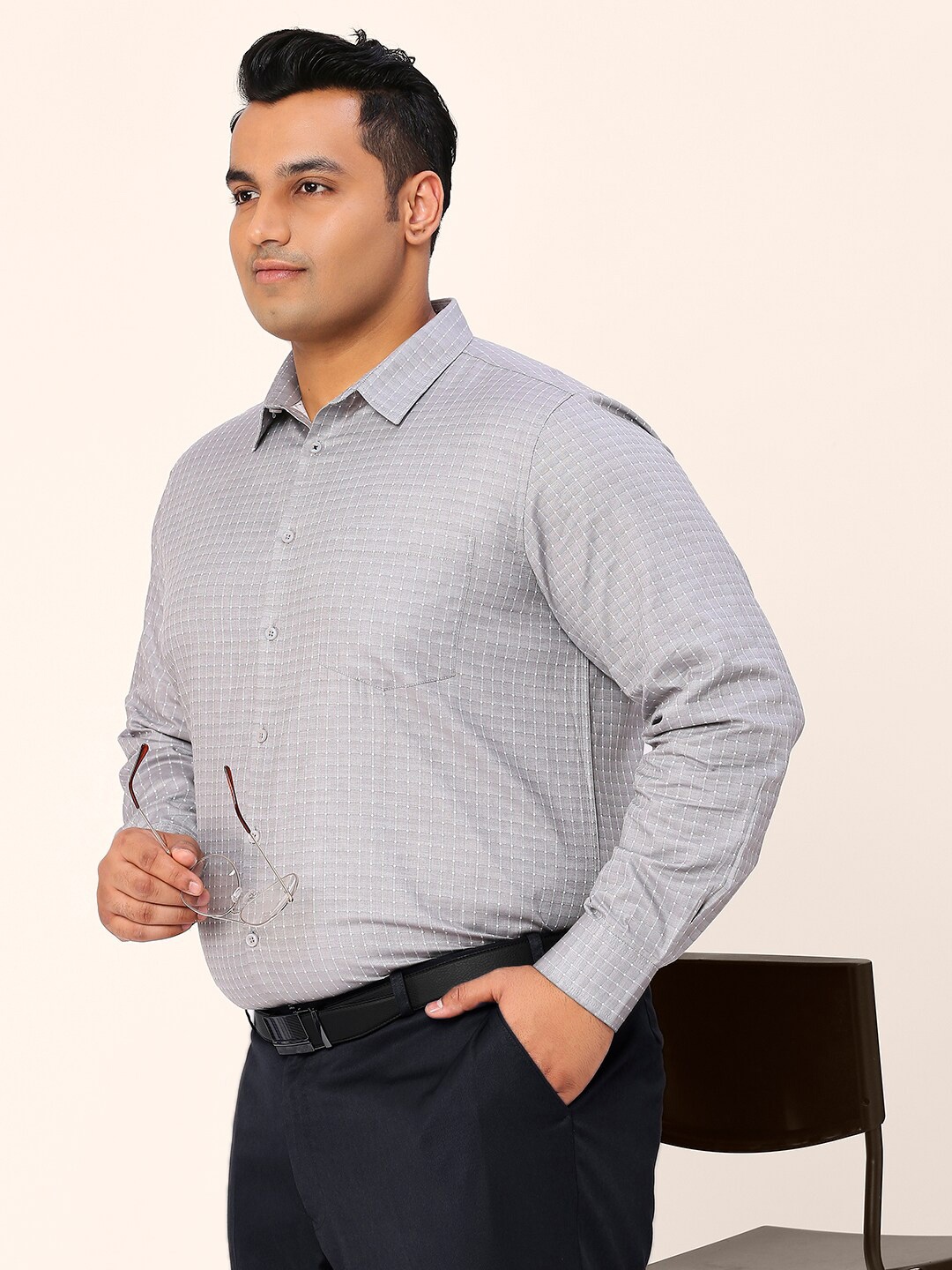 Sztori Plus Size Relaxed Opaque Cotton Formal Shirt, Grey