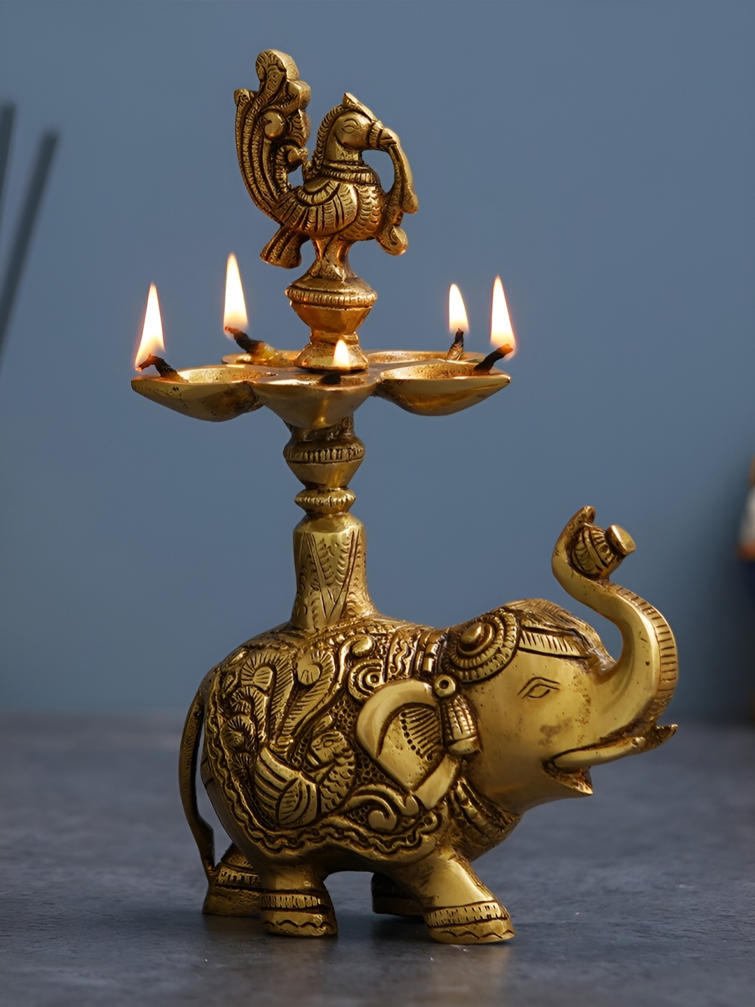 

eCraftIndia Gold Toned Peacock Elephant Statue Brass Diya