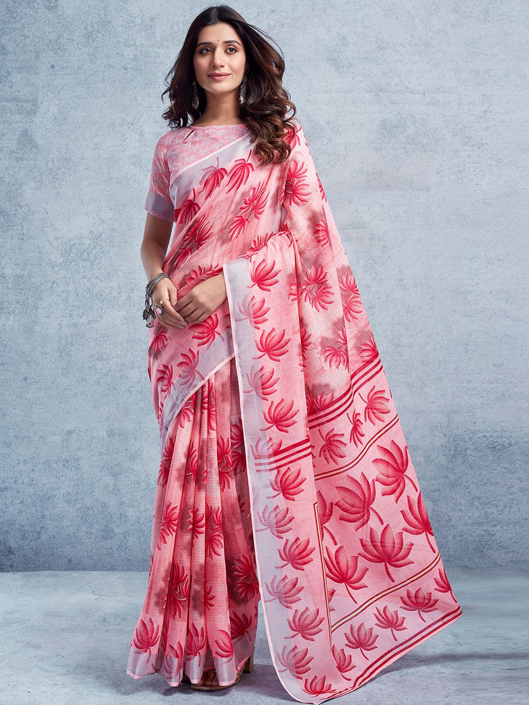 

KALINI Floral Printed Zari Ikat Saree, Pink