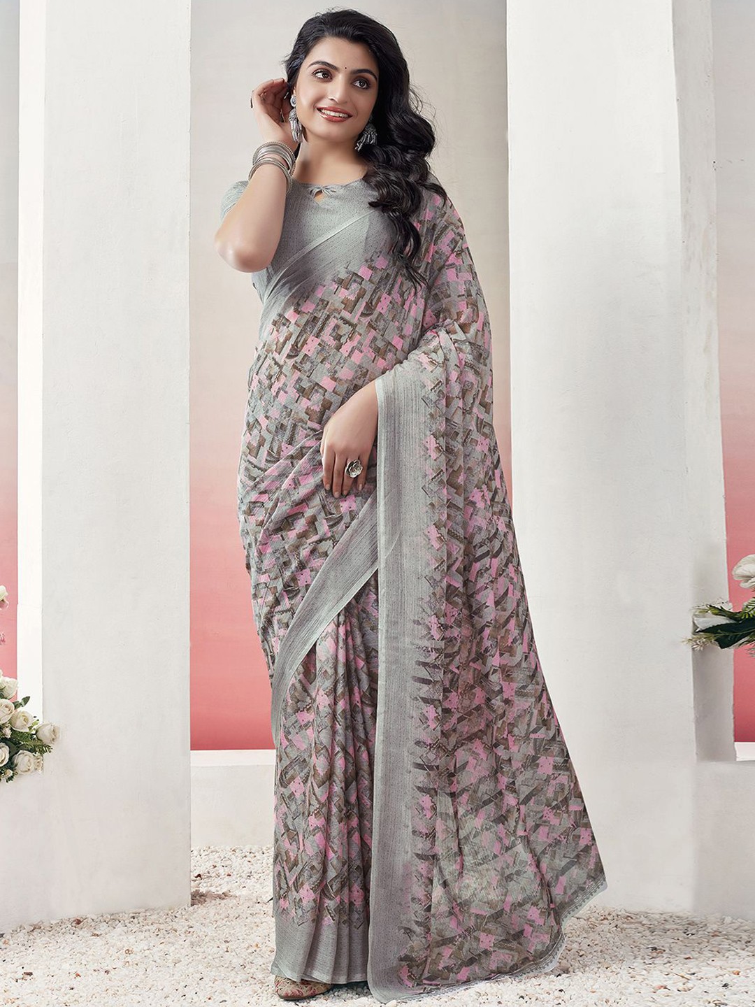 

KALINI Abstract Printed Saree, Brown