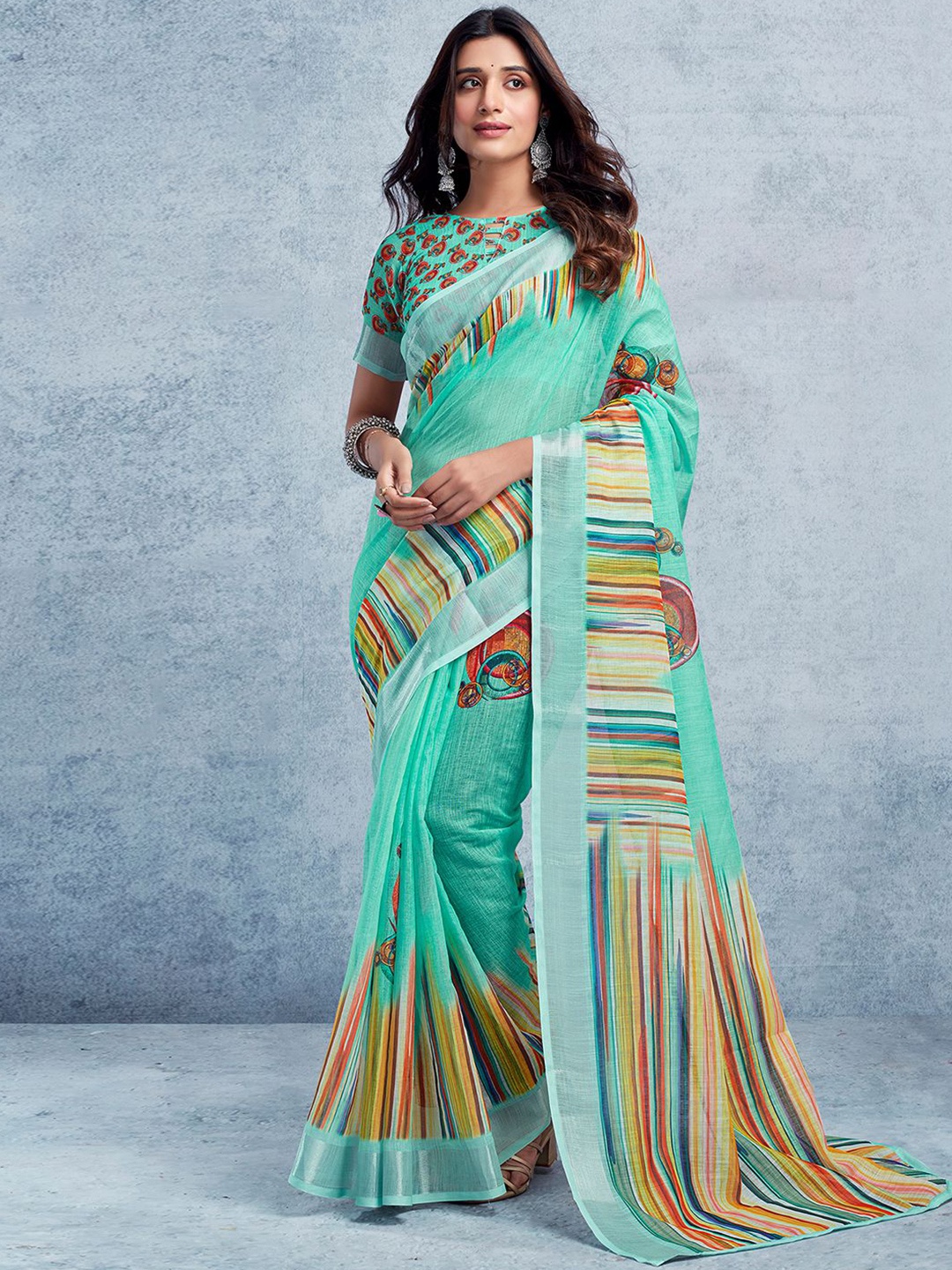 

KALINI Geometric Printed Zari Ikat Saree, Lime green