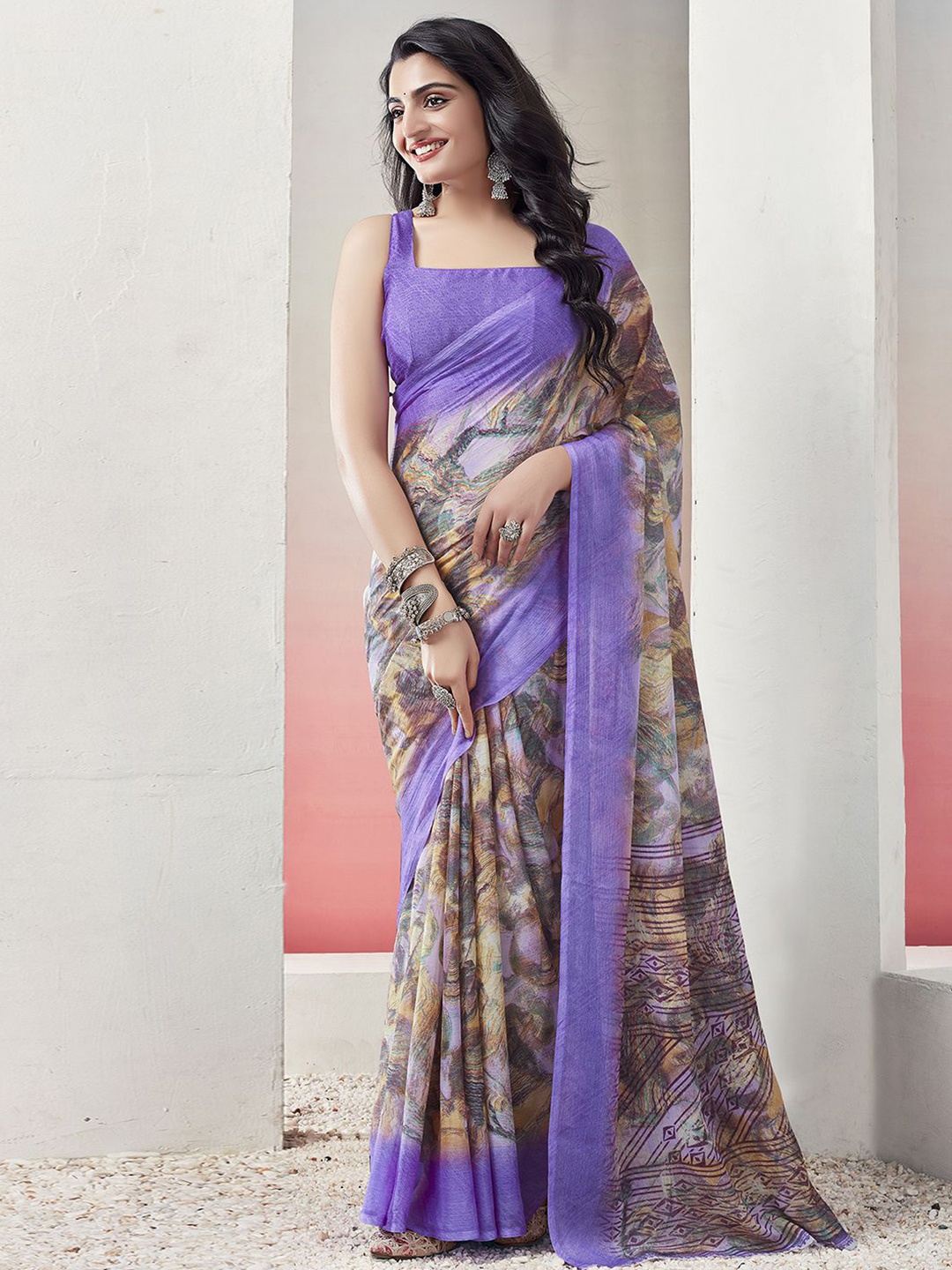 

KALINI Abstract Printed Dabu Saree, Violet