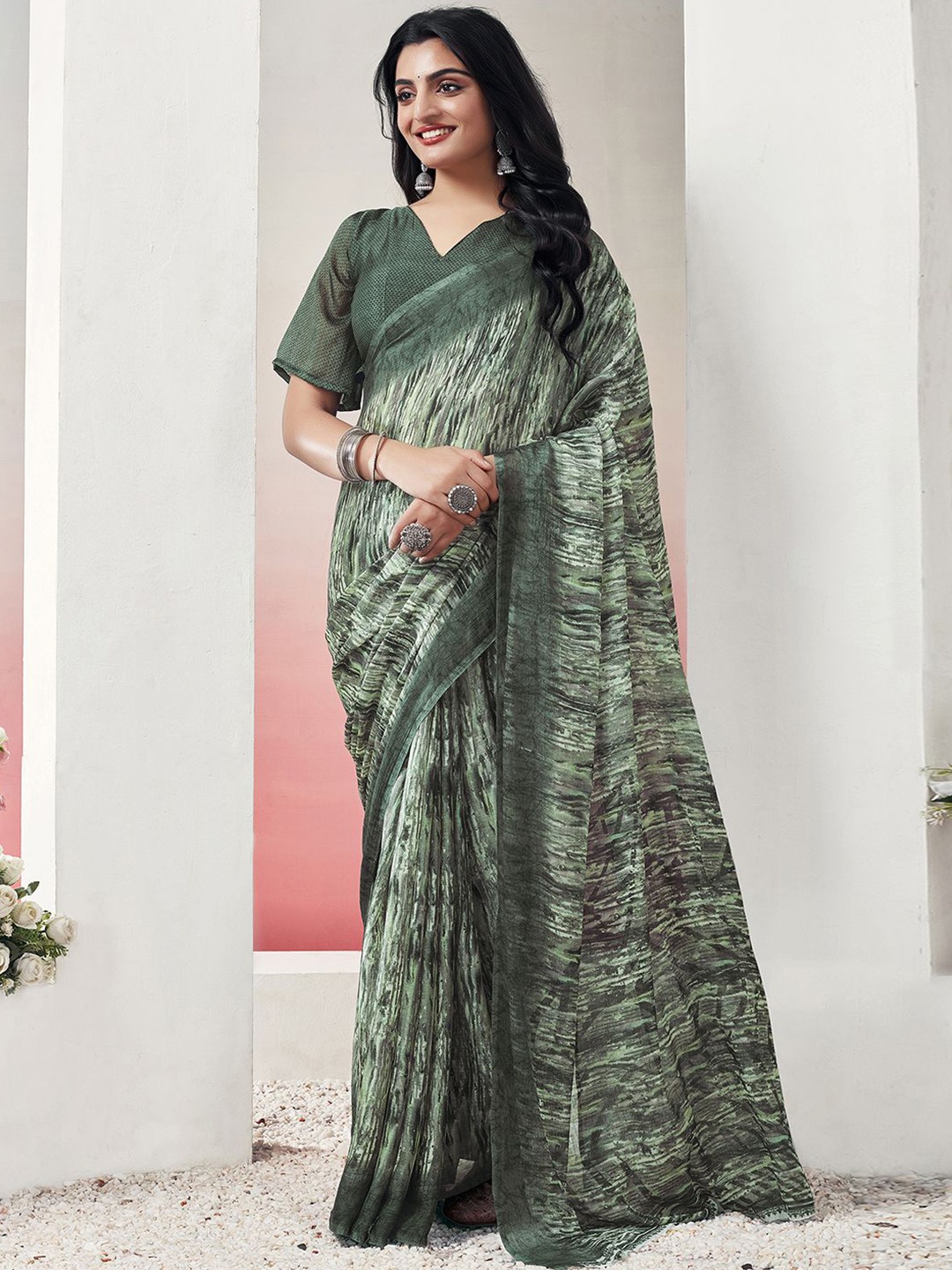 

KALINI Abstract Printed Dabu Saree, Olive