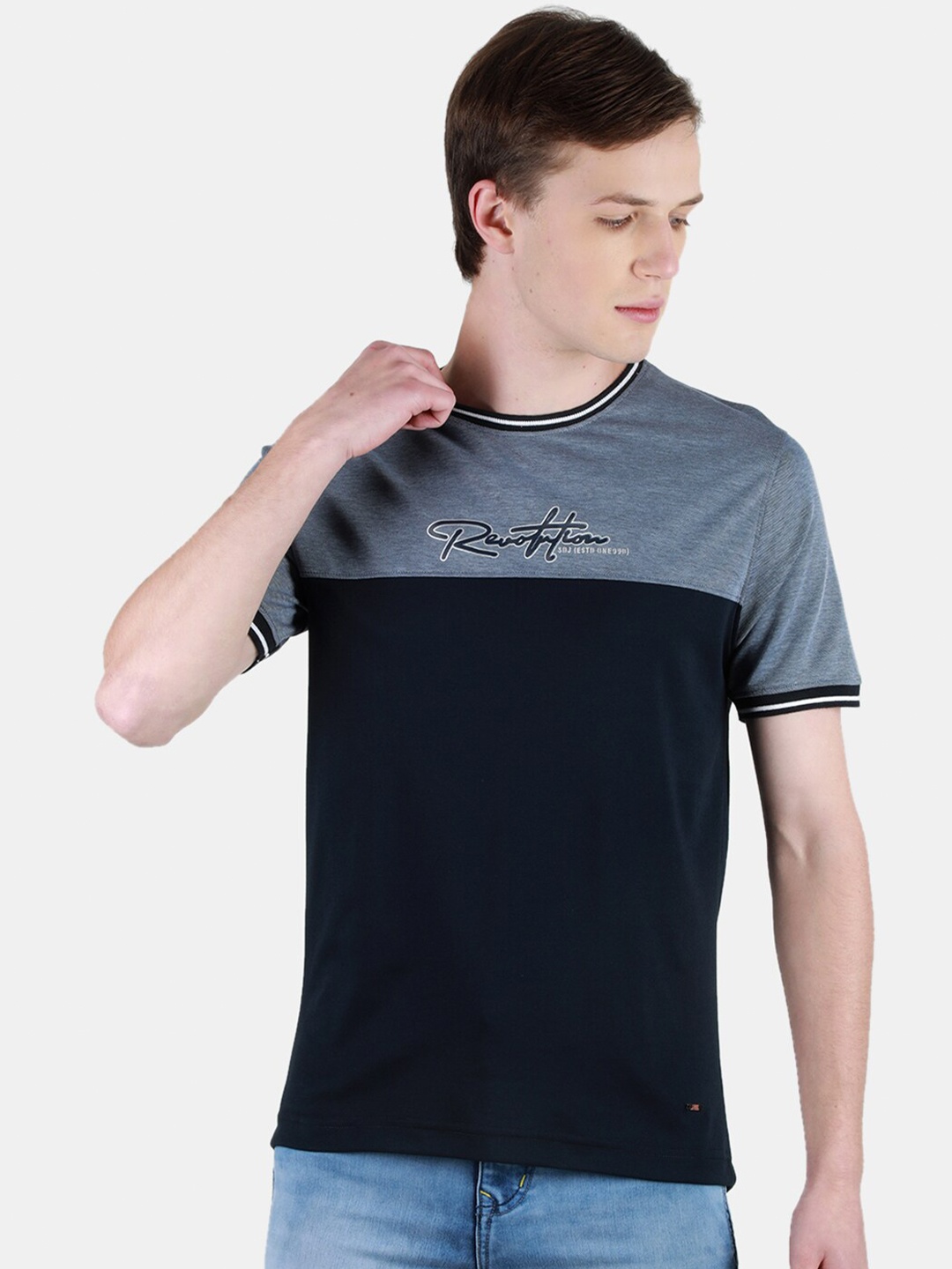 

Duke Colourblocked Round Neck Short Sleeves Cotton T-shirt, Blue