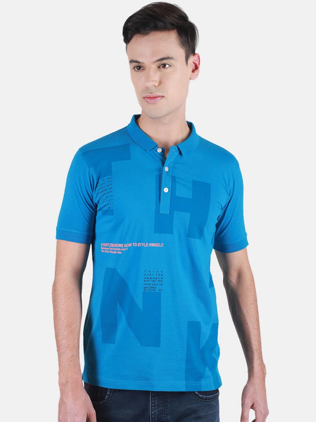 

Duke Typography Printed Polo Collar Cotton Slim Fit T-shirt, Blue
