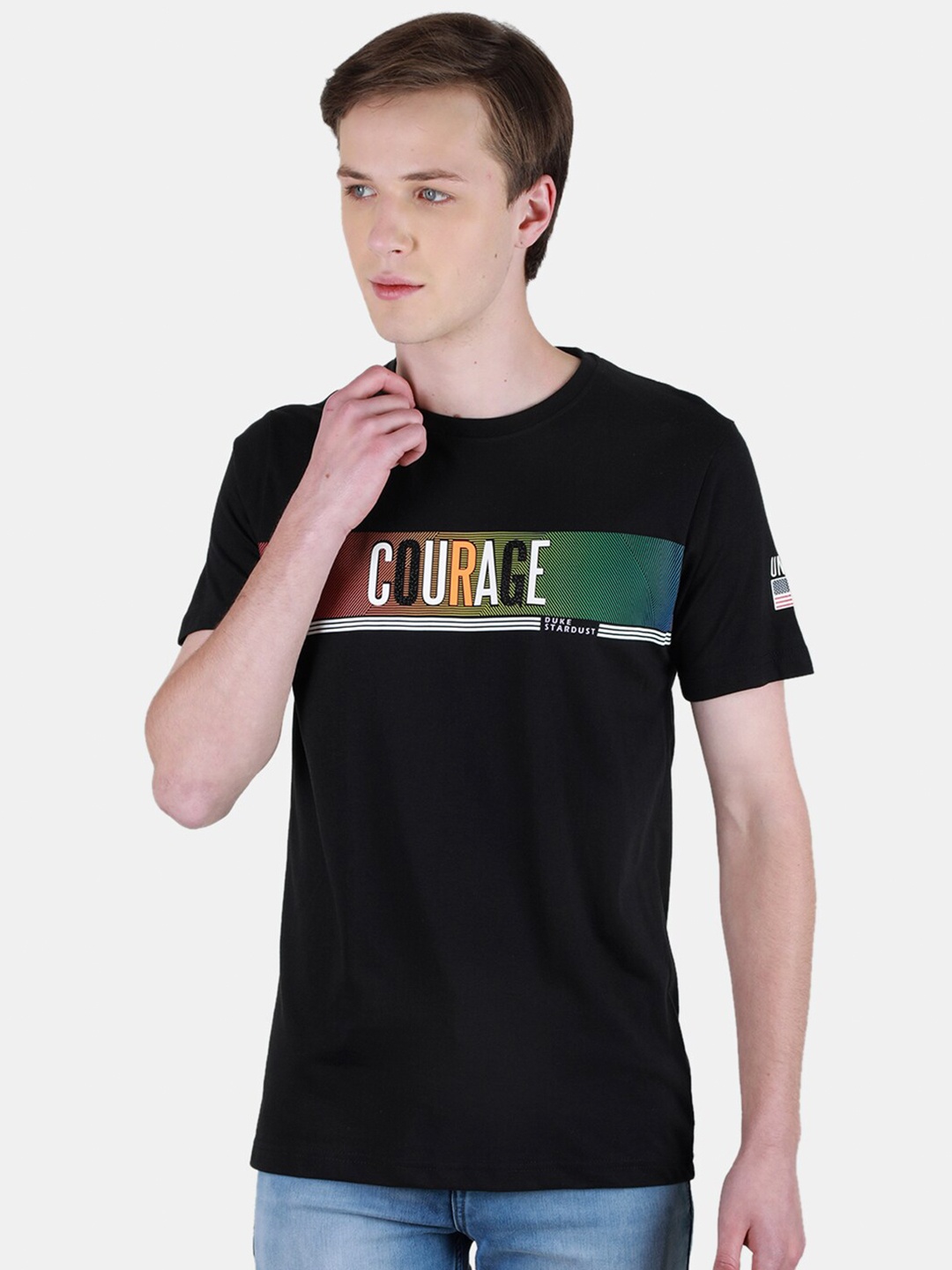 Duke Typography Round Neck Short Sleeves Cotton Slim Fit T-shirt, Black