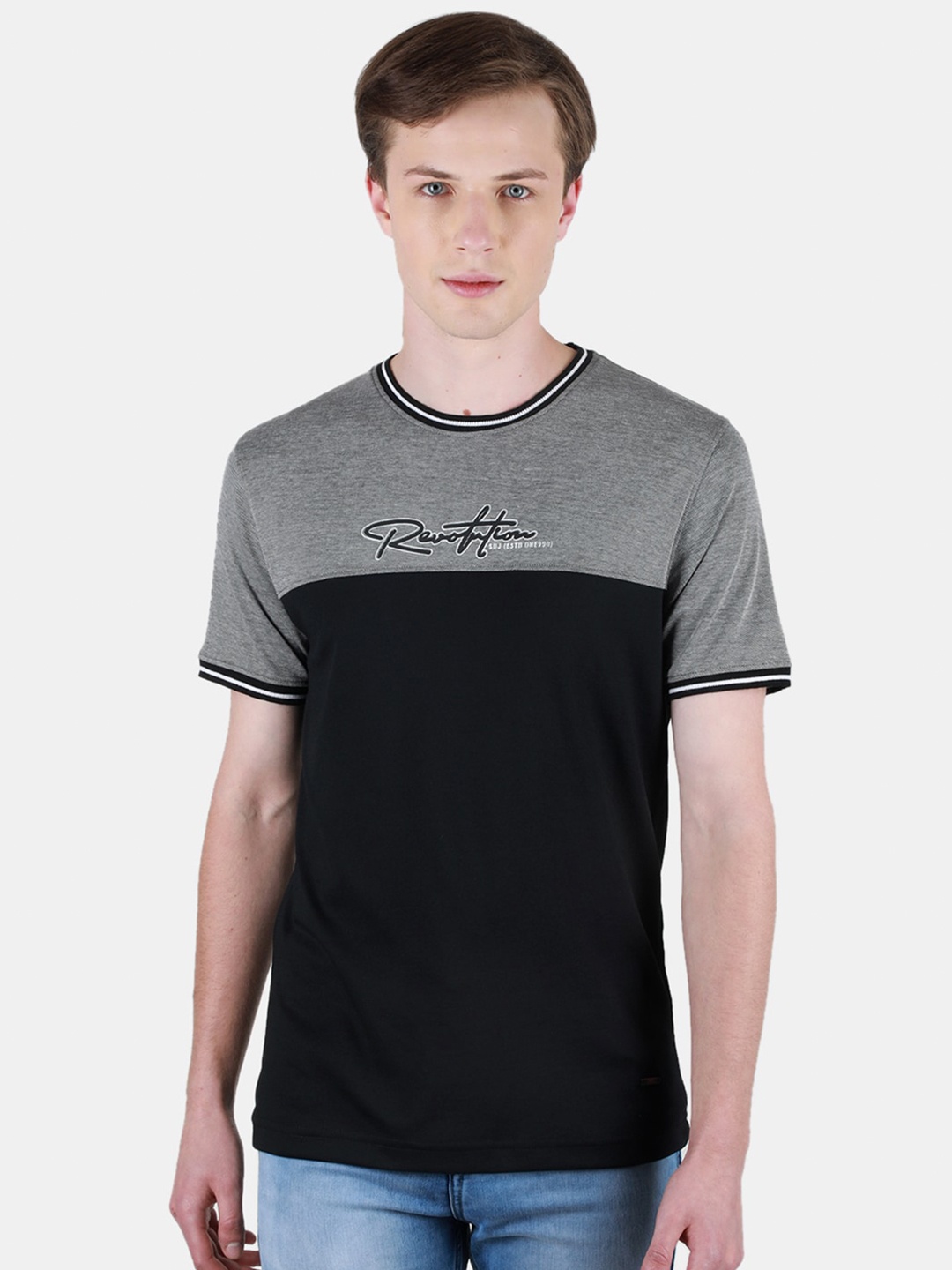 

Duke Colourblocked Round Neck Short Sleeves Cotton Slim Fit T-shirt, Black