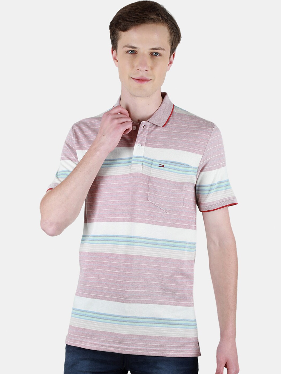 

Duke Striped Polo Collar Short Sleeves Cotton T-shirt, Pink