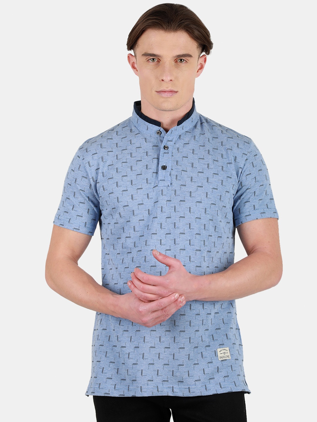 

Duke Abstract Printed Mandarin Collar Short Sleeves Cotton Slim Fit T-shirt, Blue