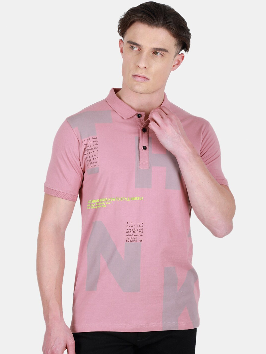 

Duke Typography Printed Polo Collar Short Sleeves Cotton Slim Fit T-shirt, Pink