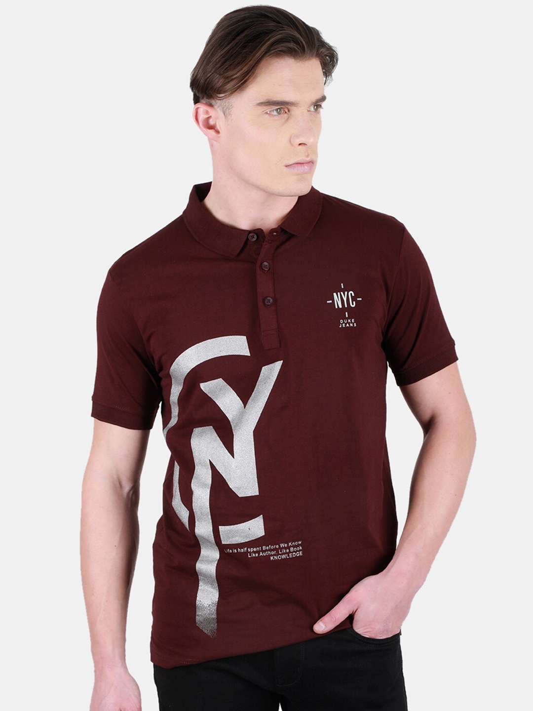 

Duke Typography Printed Polo Collar Short Sleeves Cotton T-shirt, Maroon