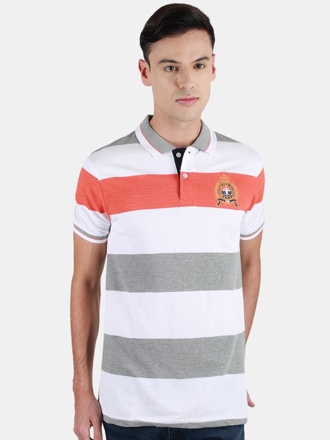 

Duke Striped Polo Collar Slim Fit Cotton T-shirt, Grey melange
