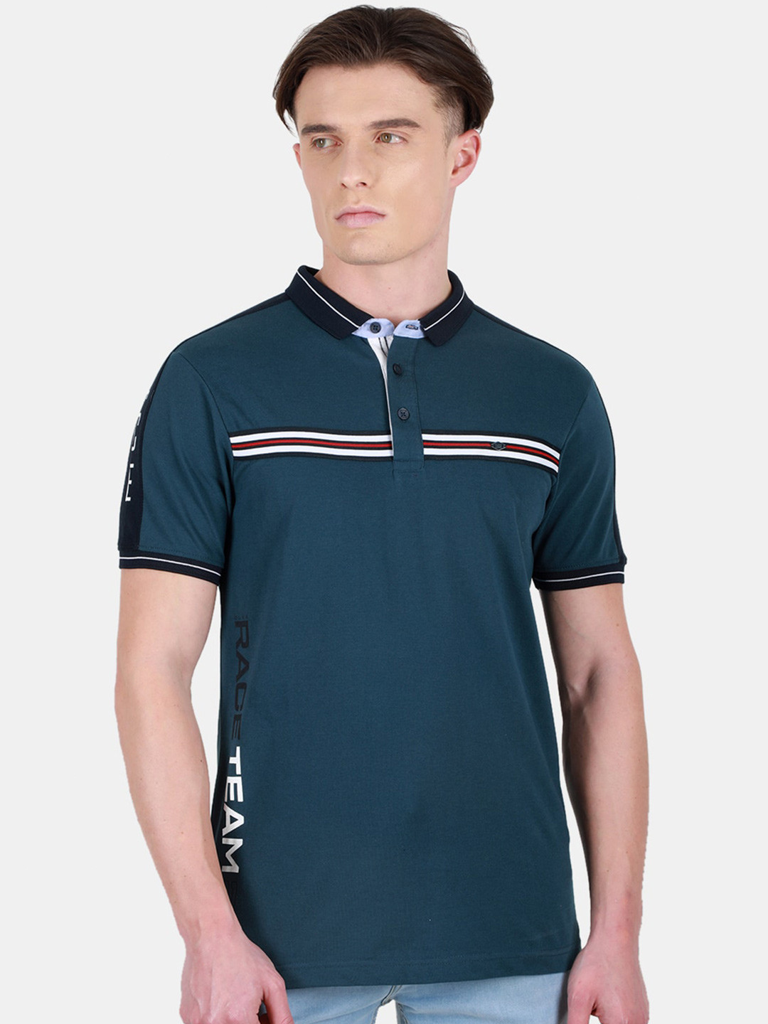 

Duke Striped Cotton Mandarin Collar Slim Fit T-shirt, Teal