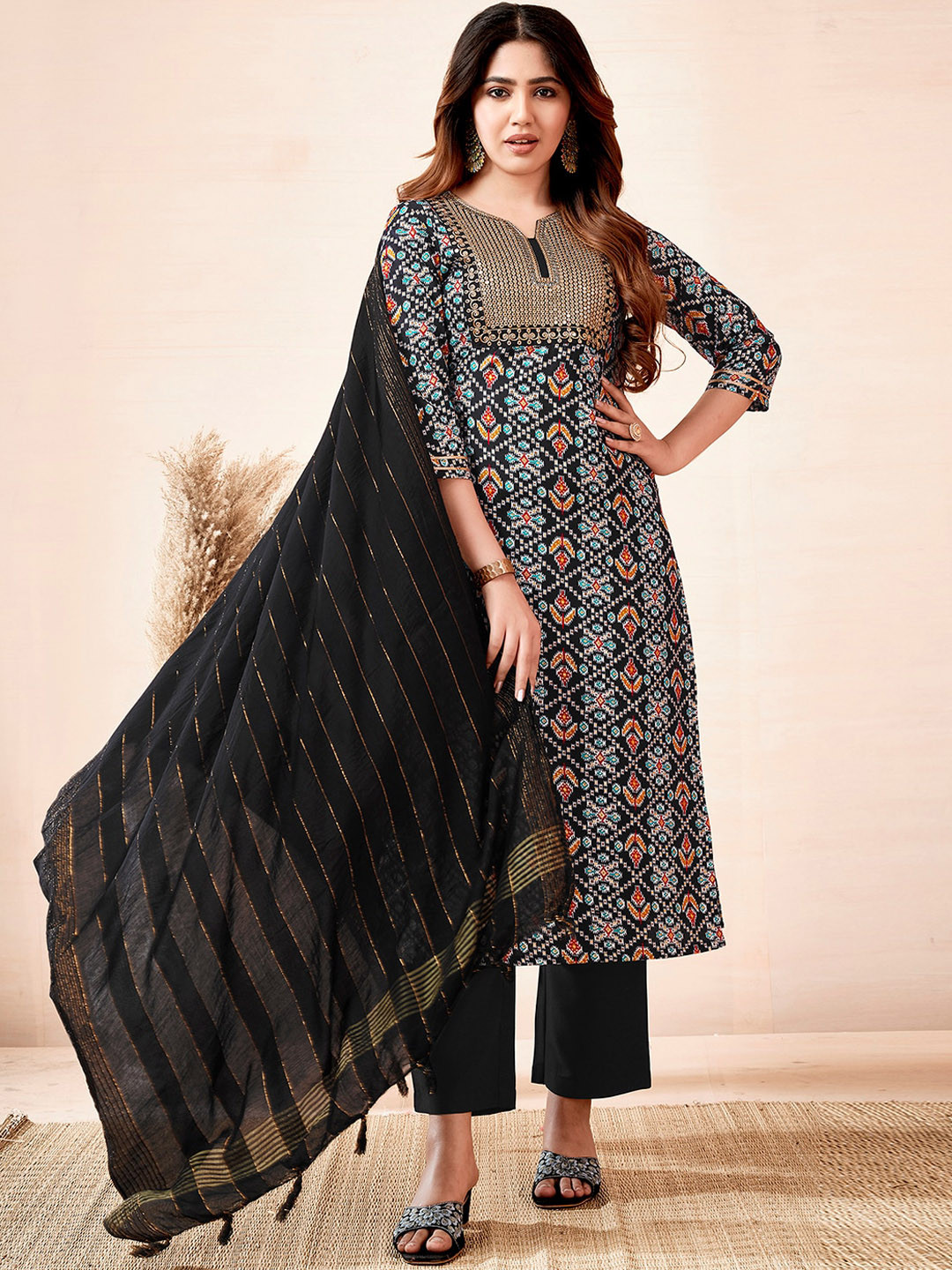 

KALINI Ethnic Motifs Embroidered Notched Neck Straight Kurta with Trousers & Dupatta, Black