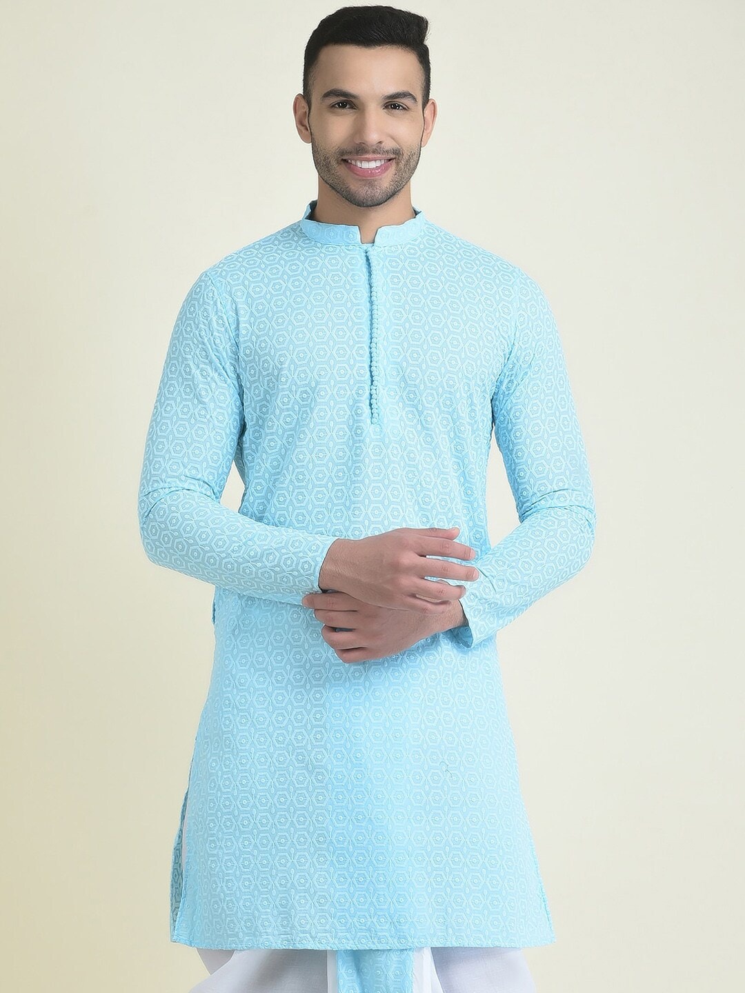 

DEYANN Ethnic Motifs Embroidered Chikankari Pure Cotton Straight Kurta, Blue