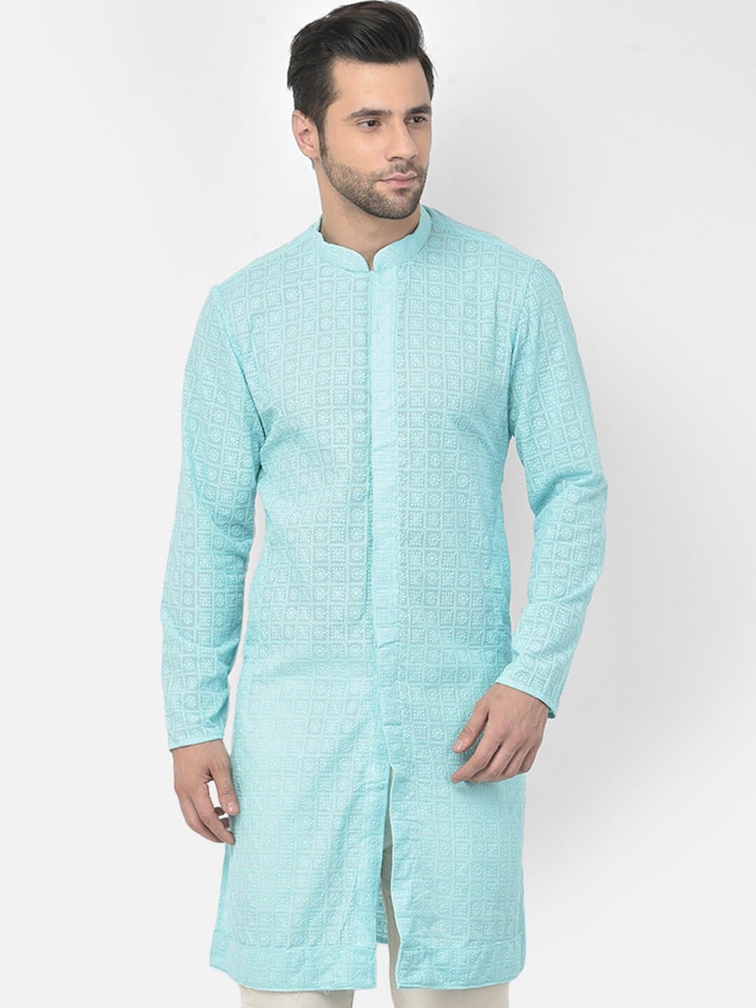 

DEYANN Ethnic Motifs Embroidered Chikankari Pure Cotton Straight Kurta, Blue