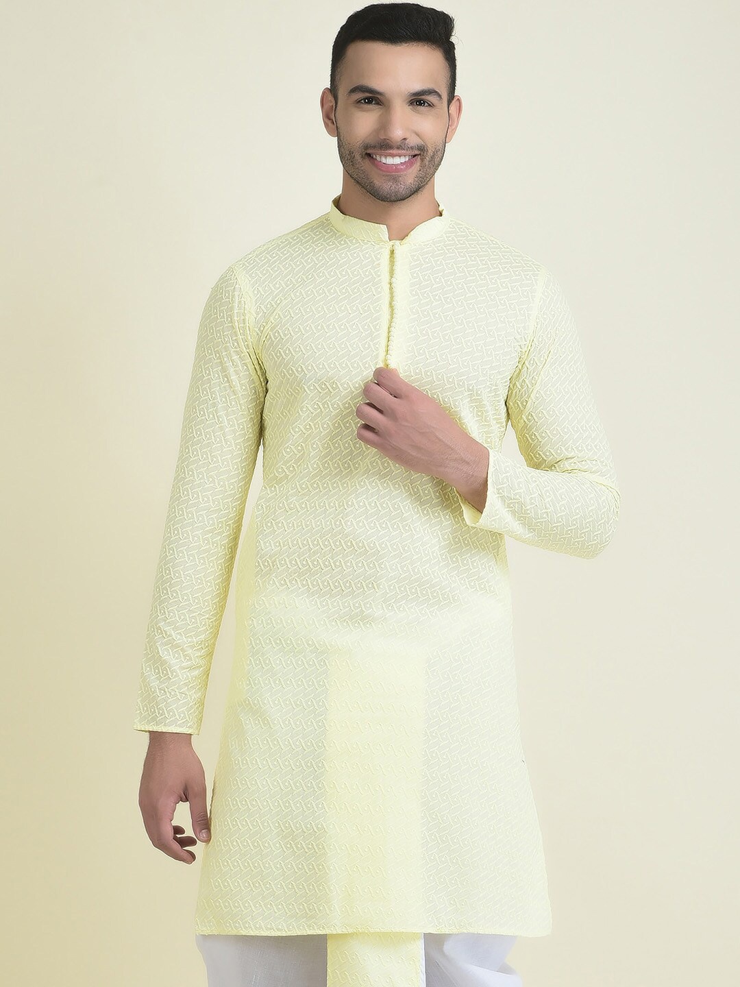 

DEYANN Ethnic Motifs Embroidered Chikankari Pure Cotton Straight Kurta, Yellow