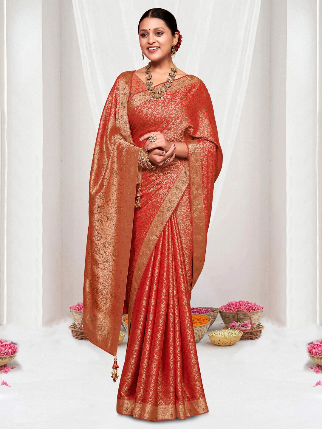 

Saree mall Woven Design Zari Silk Banarasi Saree with Tassels, Orange