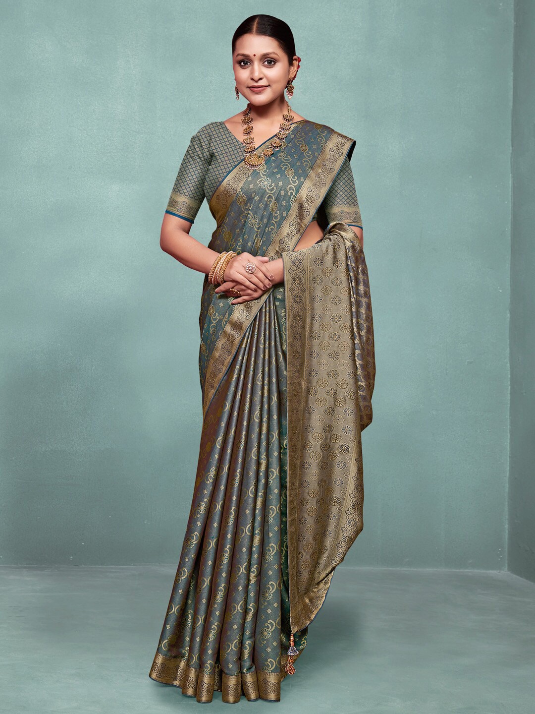 

Saree mall Ethnic Motifs Zari Silk Banarasi Sarees, Teal