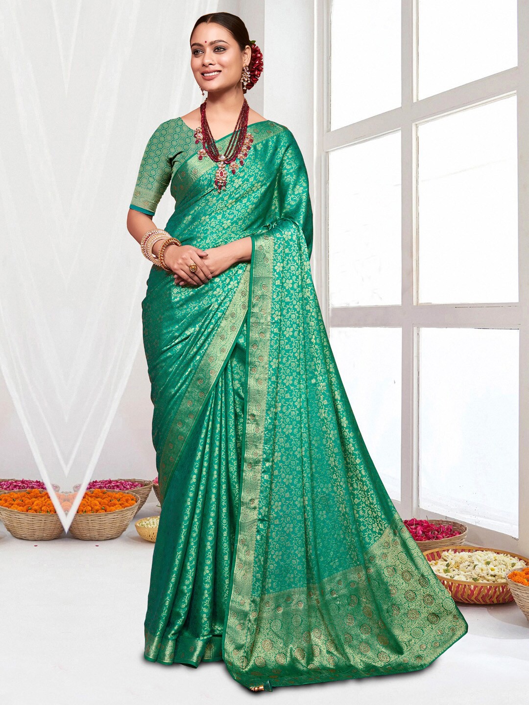 

Saree mall Ethnic Motifs Zari Silk Banarasi Saree, Blue