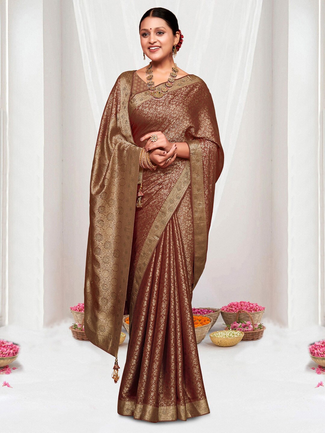

Saree mall Woven Design Zari Silk Banarasi Sarees, Brown