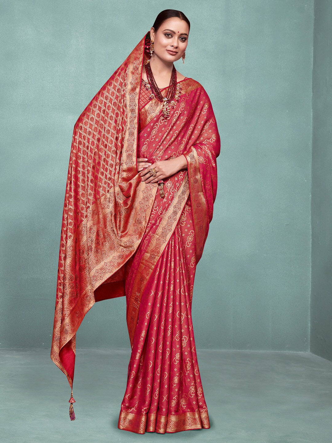 

Saree mall Ethnic Motifs Zari Silk Banarasi Saree with Tassels, Red