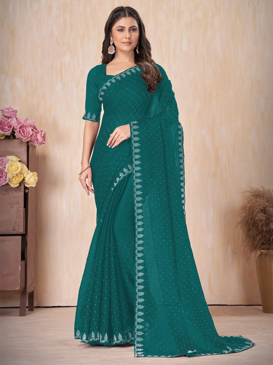 

Saree mall Embellished Beads and Stones Poly Chiffon Sarees, Teal