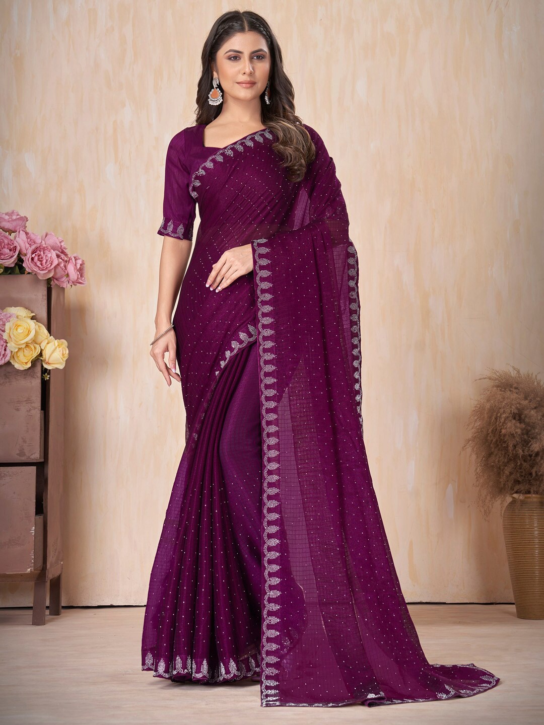 

Saree mall Embellished Beads and Stones Pure Chiffon Sarees, Magenta